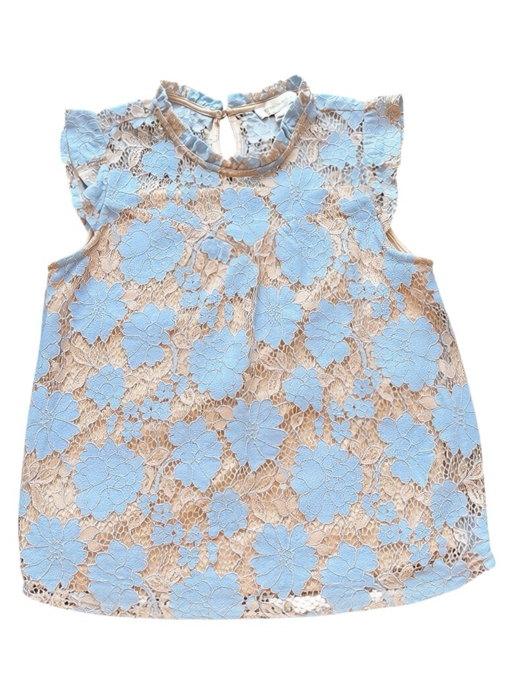 Monteau Coquette Light Blue Cream Floral Lace Flutter Sleeve Top Romantic Boho S